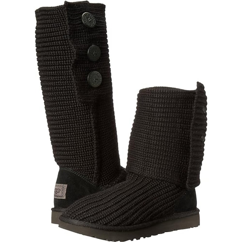UGG Classic Cardy Black Wool Sweater Knit Y2K Fold Over Tall Boots Womens 5